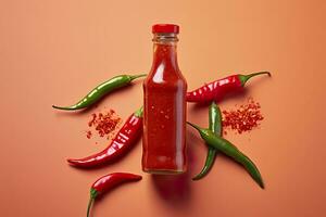 AI generated Tabasco hot pepper sauce with red chili pepper, flat lay. Generative AI photo