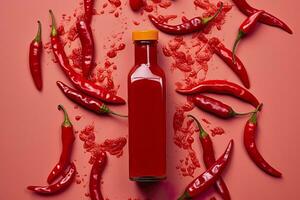 AI generated Tabasco hot pepper sauce with red chili pepper, flat lay. Generative AI photo