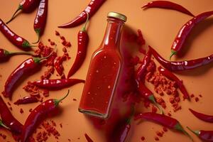 AI generated Tabasco hot pepper sauce with red chili pepper, flat lay. Generative AI photo