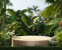AI generated Wooden product display podium for cosmetic products with green nature background. Generative AI photo