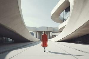 AI generated Woman walking in futuristic brutalist city street.  AI Generated. photo