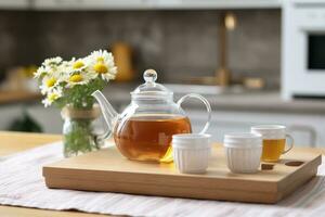 AI generated Wooden tray with teapot, cups of natural chamomile tea and flowers on table. Generative AI photo