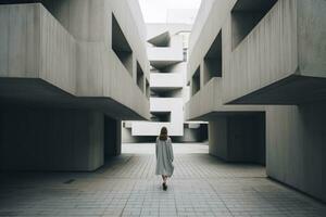 AI generated Woman walking in futuristic brutalist city street.  AI Generated. photo