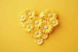 AI generated Yellow Heart Shaped By Yellow Daisies Over Yellow Background. AI Generated photo