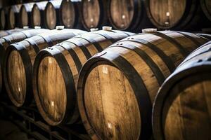 AI generated Wooden oak Port barrels in neat rows. AI Generated photo