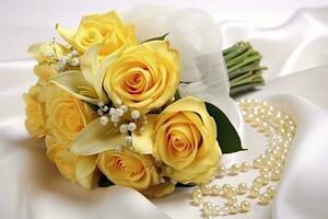 AI generated Yellow roses bouquet and pearls,in white background. AI Generated photo