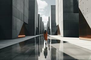 AI generated Woman walking in futuristic brutalist city street.  AI Generated. photo