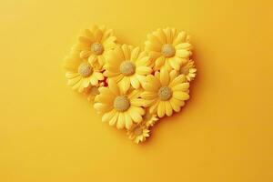 AI generated Yellow Heart Shaped By Yellow Daisies Over Yellow Background. AI Generated photo