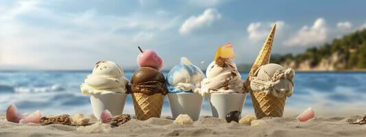 AI generated Banner with ice cream in a waffle cone on a summer day. Generative AI photo