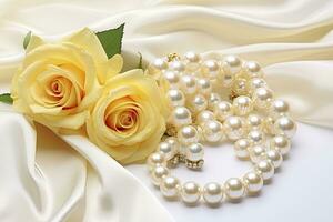 AI generated Yellow roses bouquet and pearls,in white background. AI Generated photo