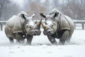 AI generated Two Rhinoceros getting ready for fight on Ice. AI Generated photo