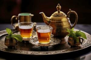 AI generated Traditional Moroccan tea set with decorative teapots, glasses, and mint leaves. Generative AI photo