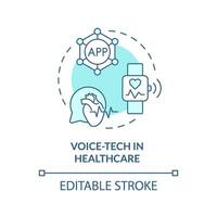 2d editable tecnología de voz en cuidado de la salud Delgado línea azul icono concepto, aislado vector, ilustración representando voz asistente. vector