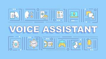 Voice assistant text with various thin line icons concept on blue monochromatic background, editable 2D vector illustration.