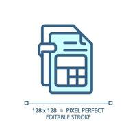 2D pixel perfect editable blue income tax report icon, isolated vector, thin line document illustration. vector