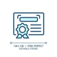 2d píxel Perfecto editable azul diploma icono, aislado vector, Delgado línea documento ilustración. vector