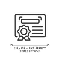 2D pixel perfect editable black diploma simple icon, isolated vector, thin line document illustration. vector