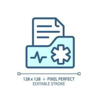 2D pixel perfect editable blue medical record icon, isolated vector, thin line document illustration. vector