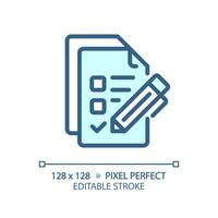 2D pixel perfect editable blue checklist icon, isolated vector, thin line document illustration. vector