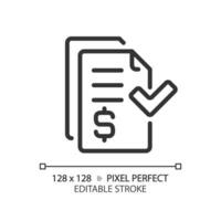 2D pixel perfect editable black invoice simple icon, isolated vector, thin line document illustration. vector