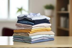 AI generated Stack of clean clothes on table in room. Generative AI photo