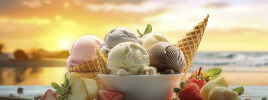 AI generated Banner with ice cream in a waffle cone on a summer day. Generative AI photo