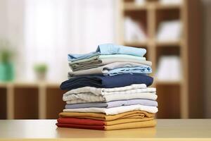 AI generated Stack of clean clothes on table in room. Generative AI photo