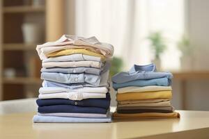 AI generated Stack of clean clothes on table in room. Generative AI photo