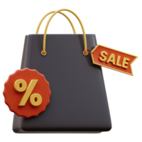 Shopping bag in 3d icon. 3d icon Shopping bag with sale label. 3D Paper bag isolated. png