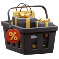 3D render of shopping basket with gift box. 3D render of shopping basket isolated. Realistic shopping carts isolated. Parcel boxes 3d render. Shopping basket 3D icon. png