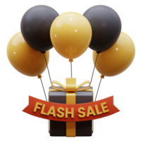 Gift box with balloons 3d render illustration. 3D package with ribbon and bunch of flying balloons. 3d icon render of flash sale with package and balloons. 3d gift box with balloons isolated. png