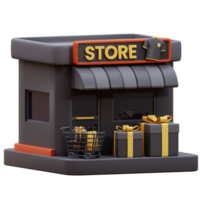 3D front store with  gift box. 3D icon of a store with black gift box and shopping trolley. 3D icon off store. 3D render minimal shop with gift box and shopping trolley. png