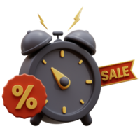 Alarm clock with a percent tag 3d illustration. Sale 3d icon with alarm clock isolated. 3D Alarm clock with discount price. 3d Special discount offer icon. Flash sale reminder. png