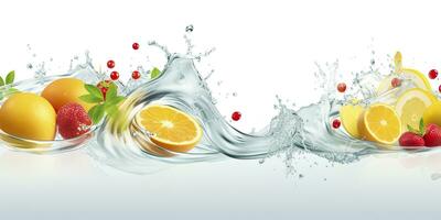 AI generated Swirl water splash with fruits. liquid flow with ice cubes and a mix of fresh fruits. Generative AI photo