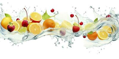 AI generated Swirl water splash with fruits. liquid flow with ice cubes and a mix of fresh fruits. Generative AI photo