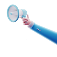 3D Illustration of hand holding megaphone on transparent png background, Promotion advertising loudspeaker concept.