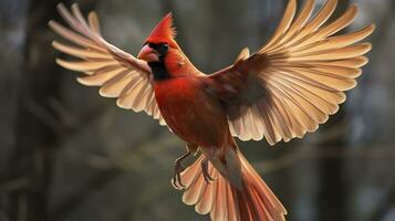 AI generated Northern Cardinal coming in for a landing. Generative AI photo