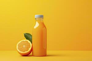 AI generated Orange Juice bottle on orange background. AI Generated photo