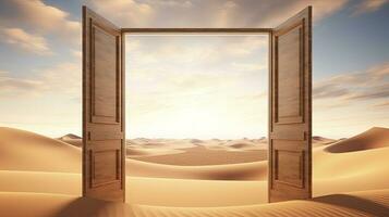 AI generated The opened door on the desert. Unknown and start up concept. AI Generated. photo