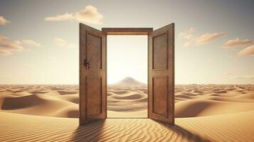 ai generado el abrió puerta en el desierto. desconocido y comienzo arriba concepto. ai generado. foto