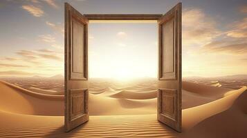 AI generated The opened door on the desert. Unknown and start up concept. AI Generated. photo