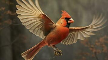 AI generated Northern Cardinal coming in for a landing. Generative AI photo