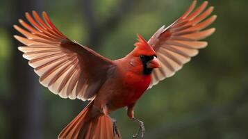 AI generated Northern Cardinal coming in for a landing. Generative AI photo