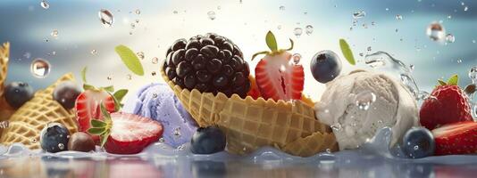 AI generated Banner with ice cream in a waffle cone on a summer day. Generative AI photo