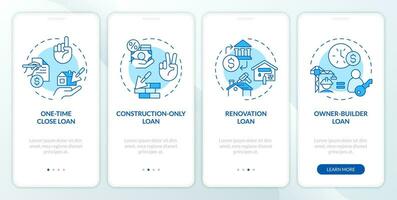 2D icons representing construction cost mobile app screen set. Walkthrough 4 steps blue graphic instructions with line icons concept, UI, UX, GUI template. vector
