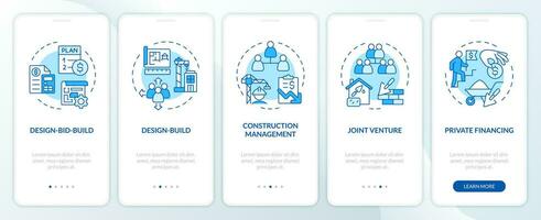 2D blue icons representing construction cost mobile app screen set. Walkthrough 5 steps monochromatic graphic instructions with linear icons concept, UI, UX, GUI template. vector