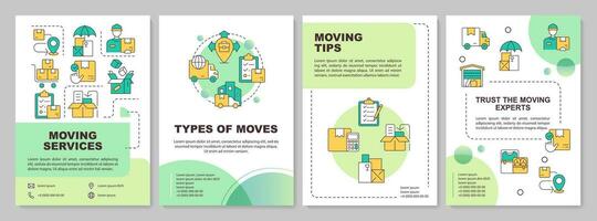 2D moving service multicolor brochure template, leaflet design with simple thin linear icons, 4 vector layouts.