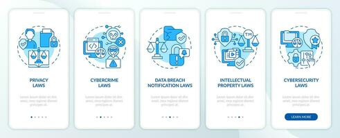 2D blue icons representing cyber law mobile app screen set. Walkthrough 5 steps monochromatic graphic instructions with thin line icons concept, UI, UX, GUI template. vector