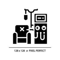 Dialysis machine pixel perfect black glyph icon. Kidney disease. Renal system. Medical procedure. Healthcare service. Silhouette symbol on white space. Solid pictogram. Vector isolated illustration