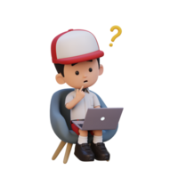 3D cute kid character confused on a laptop png